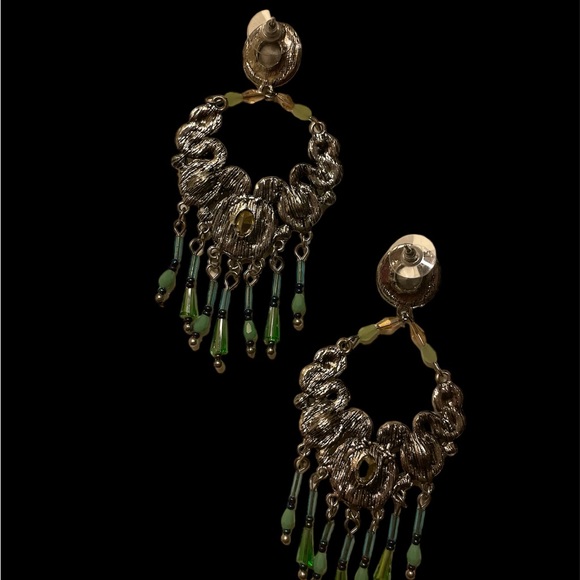 Peacock jewel toned dangly earrings. - Picture 3 of 4